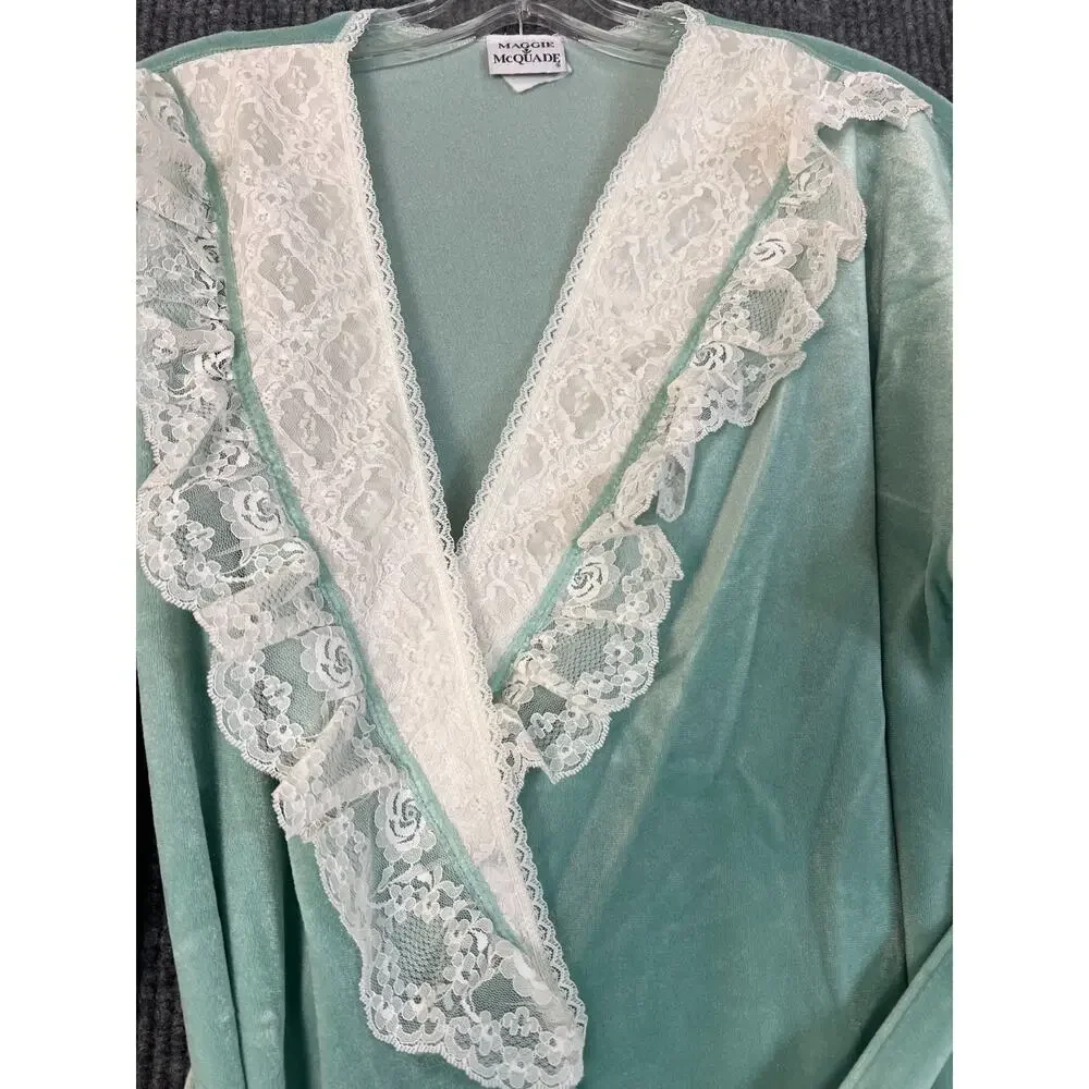 Vintage Maggie McQuade Mint Green Velvet Robe Long Lace Trim Dressing Gown Small